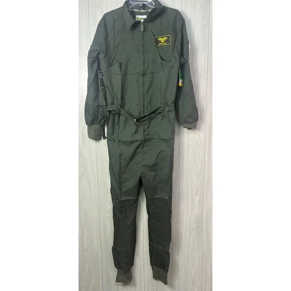 Tipsy Elves Mens Flight Suit Jumpsuit Olive Green Pilot Costume USA Patches M - Picture 3 of 12